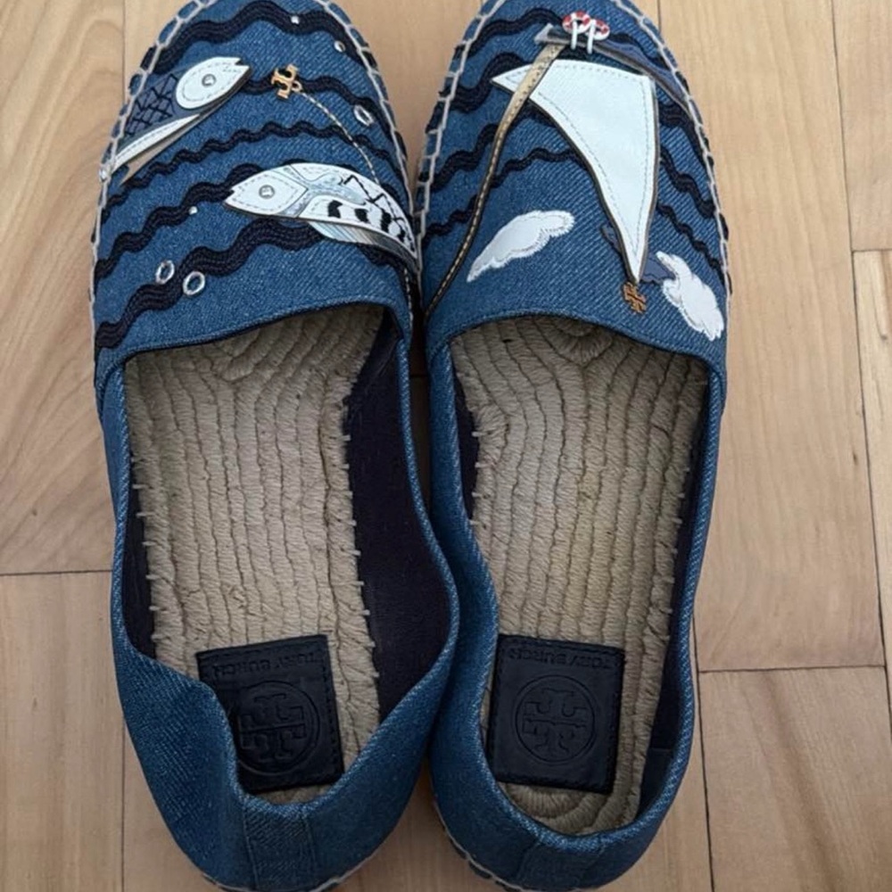Tory Burch Blue Denim Slip-On Espadrilles with Nautical Embroidery